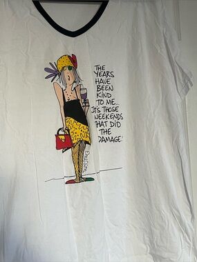 White heavyweight cotton ringer sleep shirt with funny graphic and handled bag